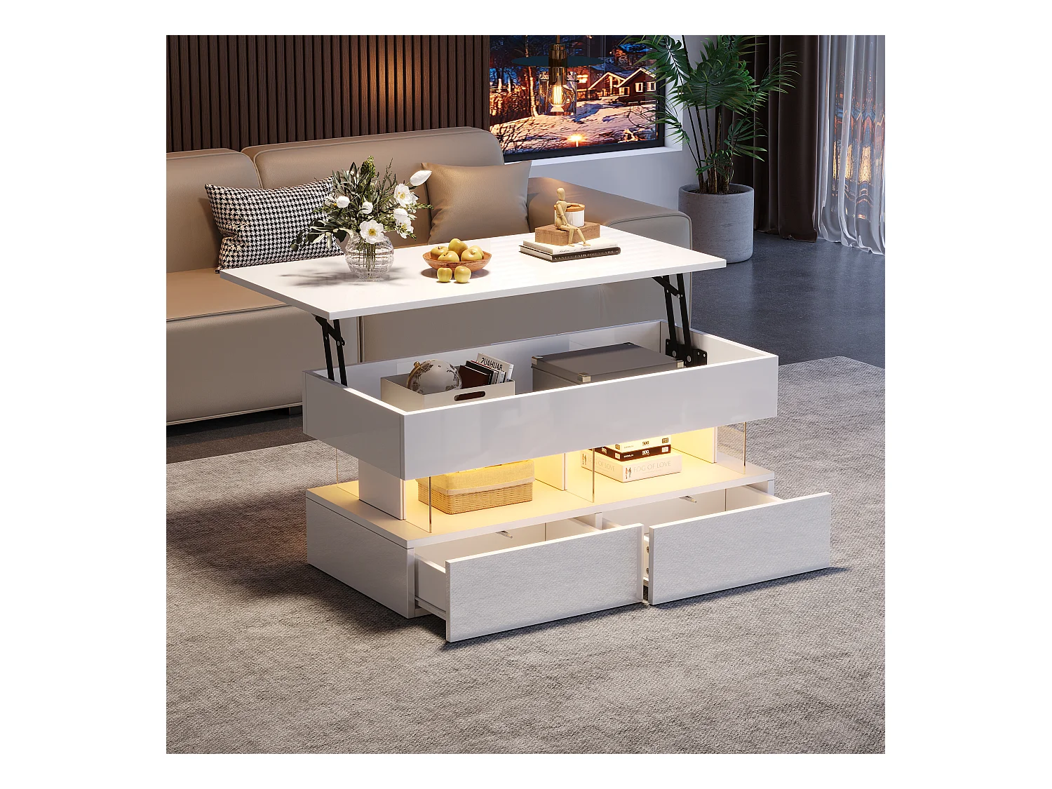 Table basse relevable 120x50x46 cm - avec éclairage LED - 2 tiroirs - MDF + verre trempé - blanc