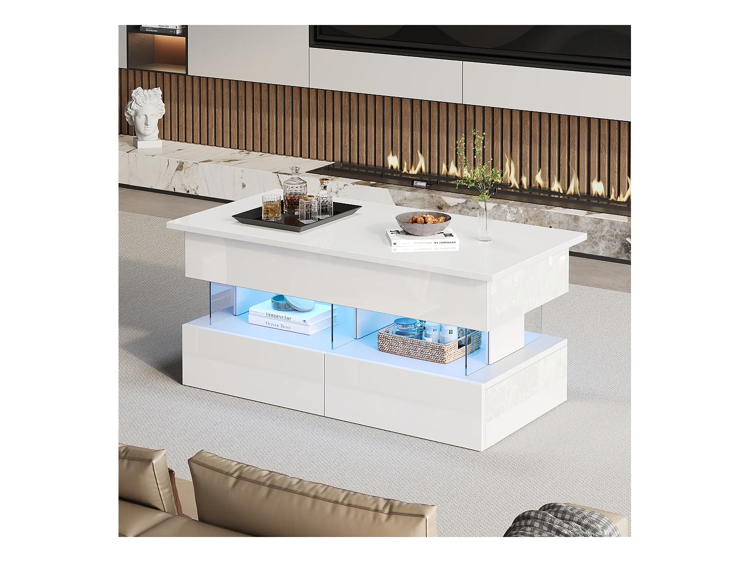 Table basse relevable 120x50x46 cm - avec éclairage LED - 2 tiroirs - MDF + verre trempé - blanc