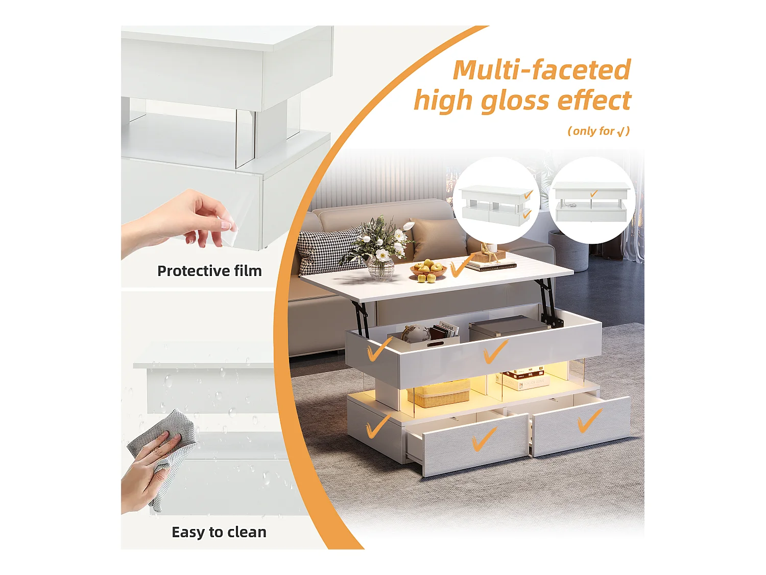 Table basse relevable 120x50x46 cm - avec éclairage LED - 2 tiroirs - MDF + verre trempé - blanc