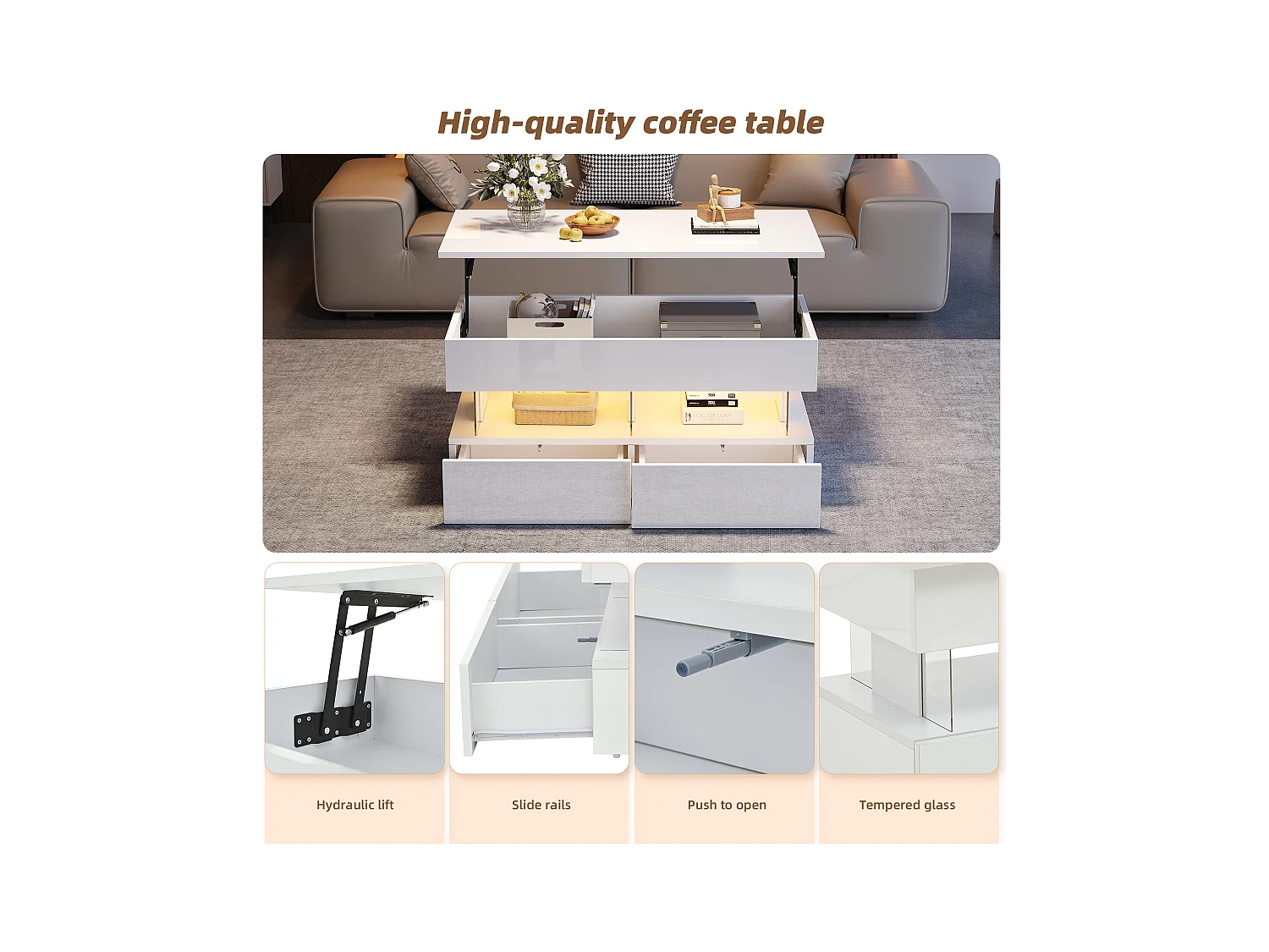 Table basse relevable 120x50x46 cm - avec éclairage LED - 2 tiroirs - MDF + verre trempé - blanc