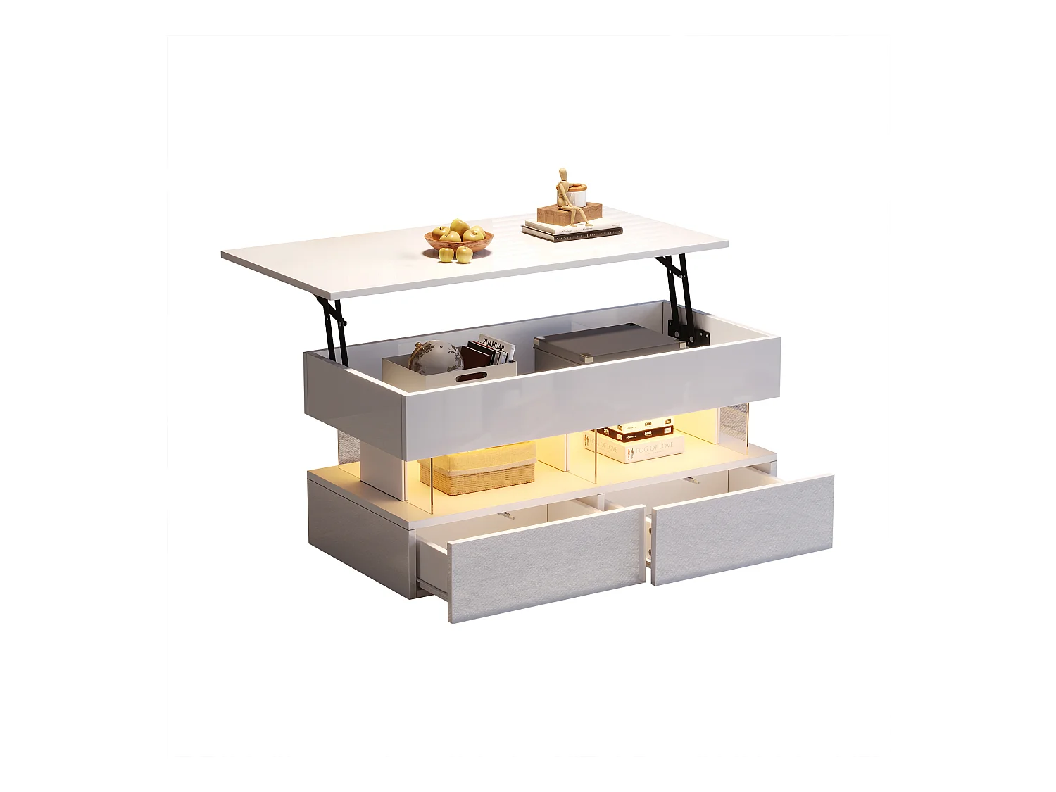 Table basse relevable 120x50x46 cm - avec éclairage LED - 2 tiroirs - MDF + verre trempé - blanc