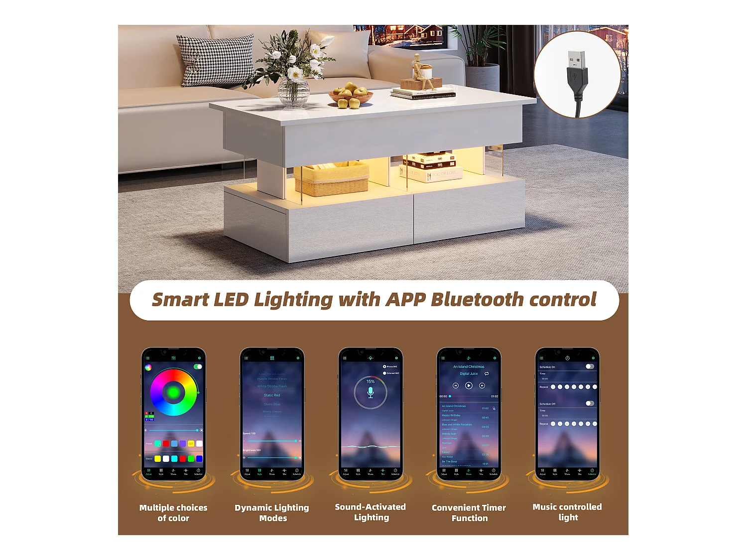 Mesa de centro ajustável 120×50×46 cm - com iluminação LED - 2 gavetas - MDF + vidro temperado - branco
