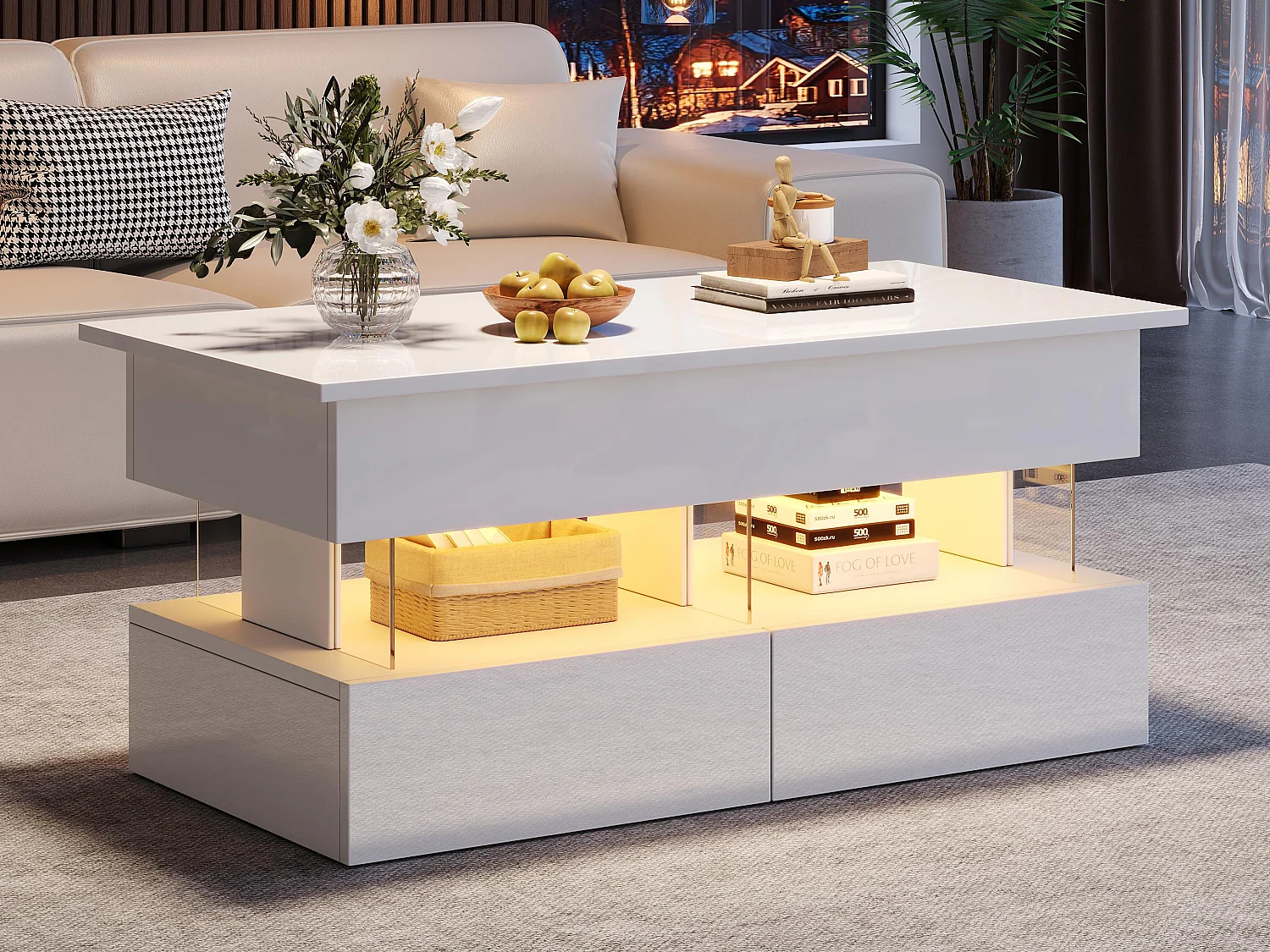 Table basse relevable 120x50x46 cm - avec éclairage LED - 2 tiroirs - MDF + verre trempé - blanc