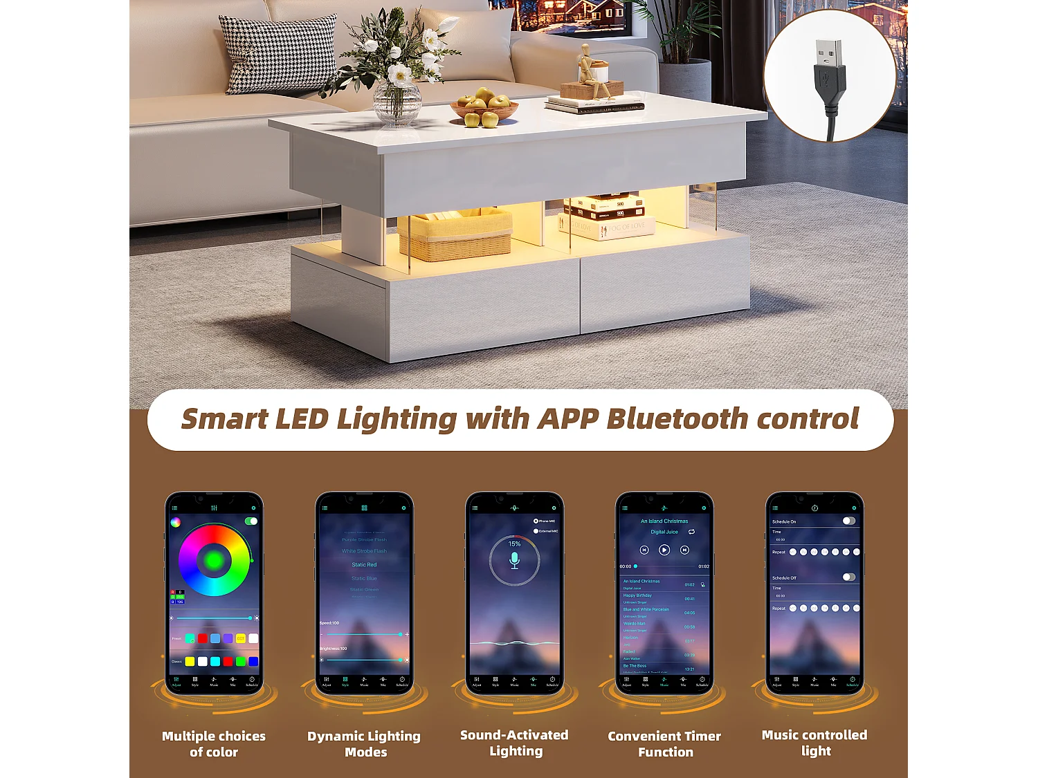 Table basse relevable 120x50x46 cm - avec éclairage LED - 2 tiroirs - MDF + verre trempé - blanc