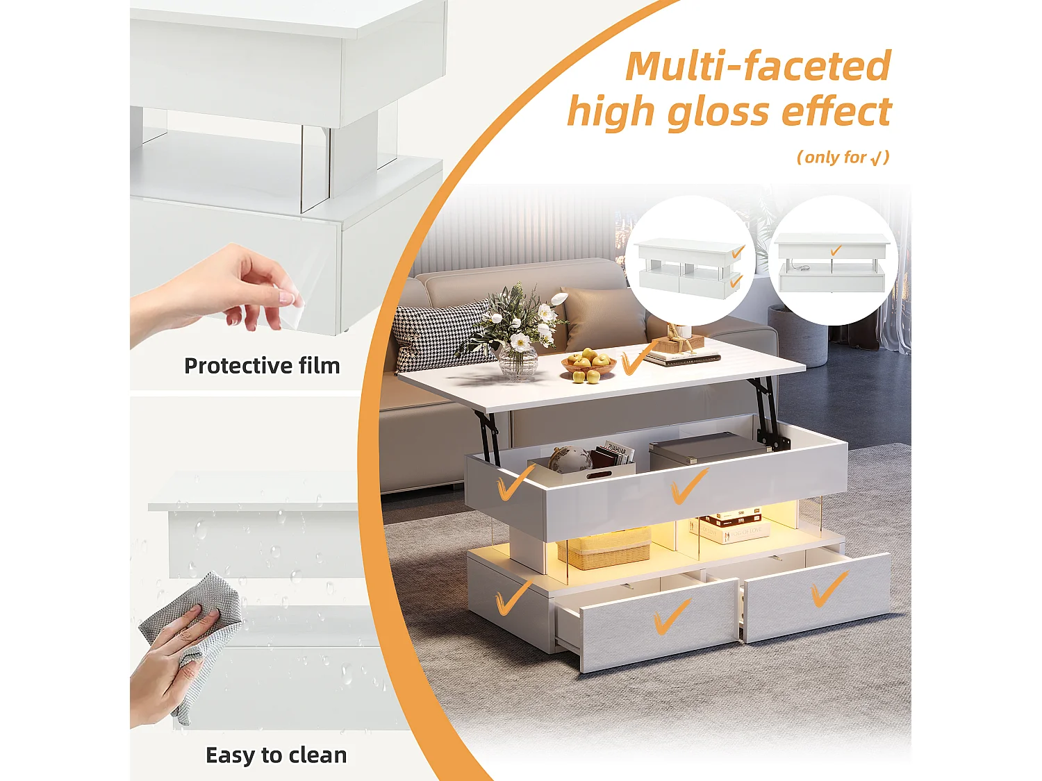 Table basse relevable 120x50x46 cm - avec éclairage LED - 2 tiroirs - MDF + verre trempé - blanc