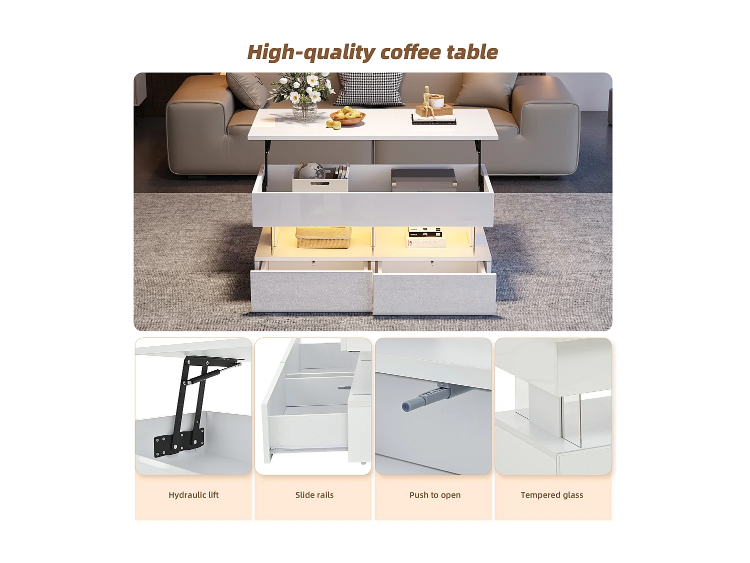 Table basse relevable 120x50x46 cm - avec éclairage LED - 2 tiroirs - MDF + verre trempé - blanc