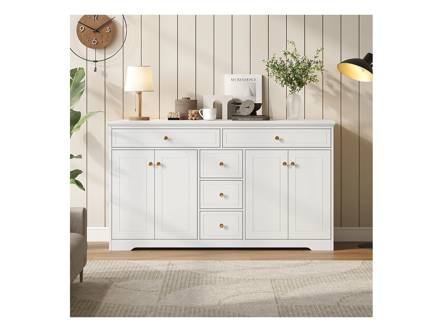 Modernes Sideboard – 150 x 40 x 85 cm – mit 5 Schubladen + verstellbaren Einlegeböden + 4 Türen – MDF – weiß