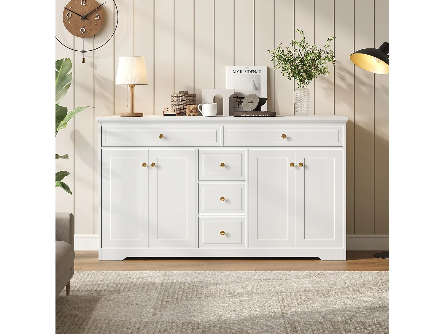 Buffet moderne - 150 x 40 x 85 cm - avec 5 tiroirs + étagères réglables + 4 portes - MDF - blanc