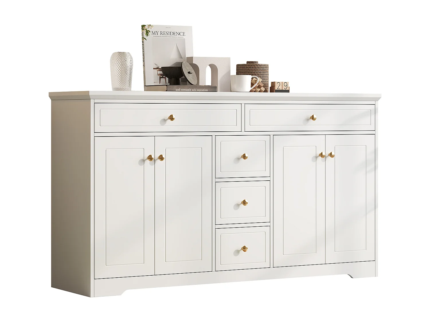 Buffet moderne - 150 x 40 x 85 cm - avec 5 tiroirs + étagères réglables + 4 portes - MDF - blanc