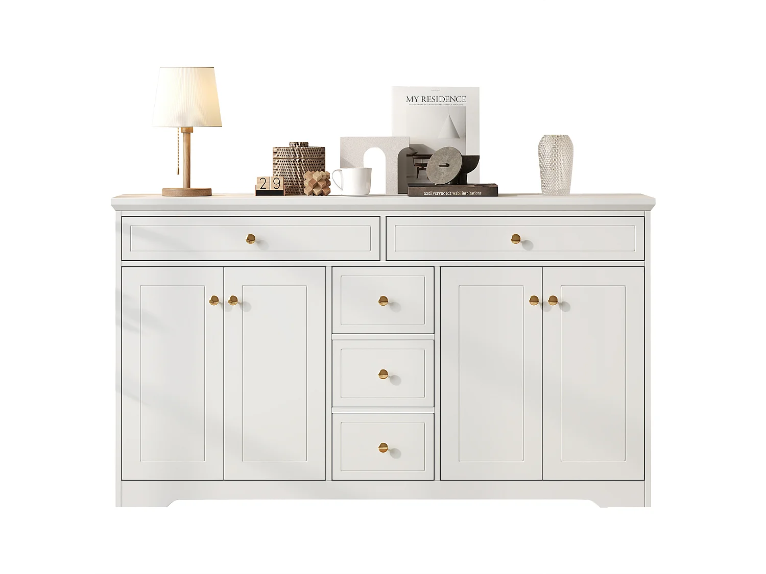 Buffet moderne - 150 x 40 x 85 cm - avec 5 tiroirs + étagères réglables + 4 portes - MDF - blanc