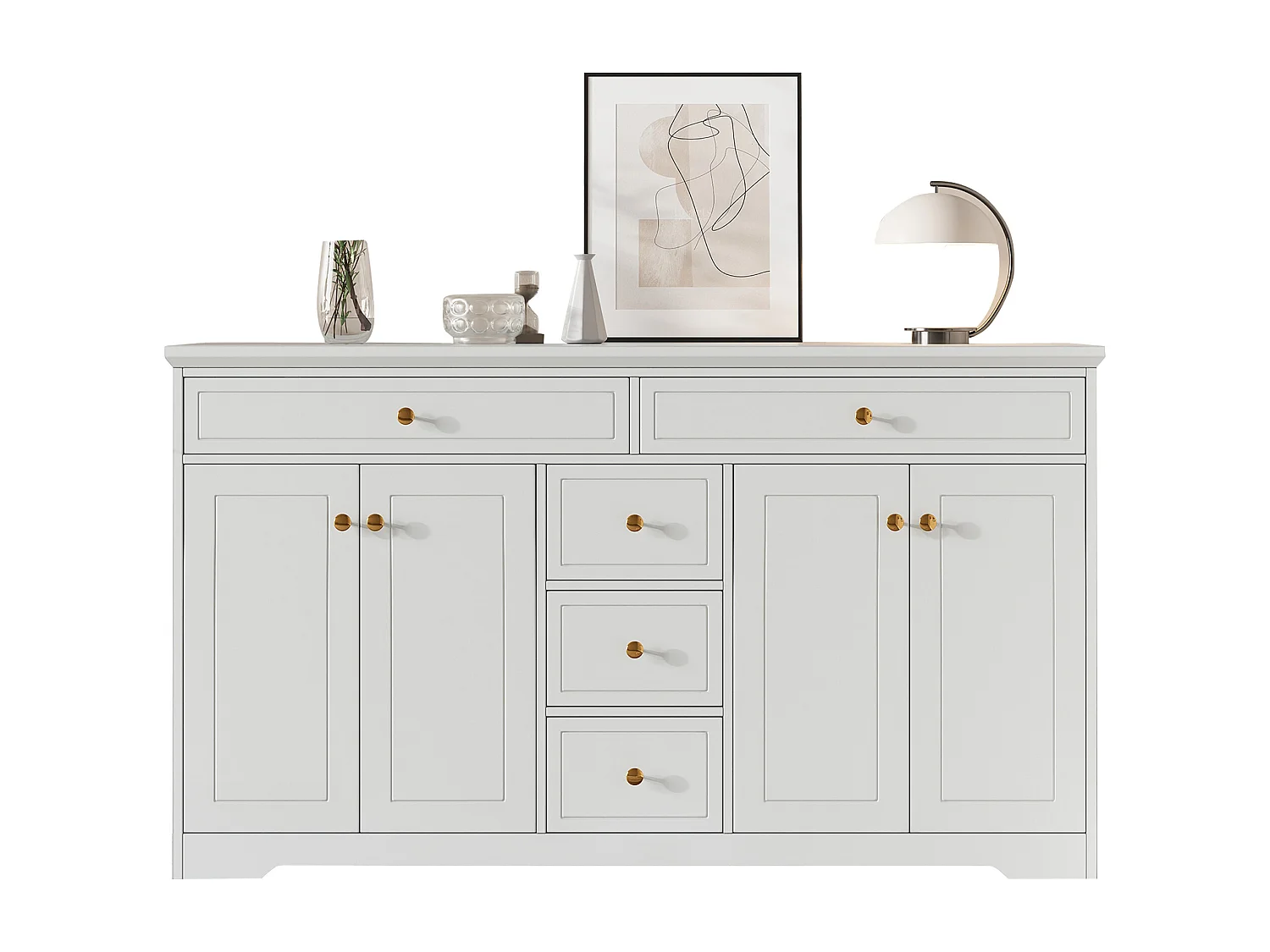 Buffet moderne - 150 x 40 x 85 cm - avec 5 tiroirs + étagères réglables + 4 portes - MDF - blanc