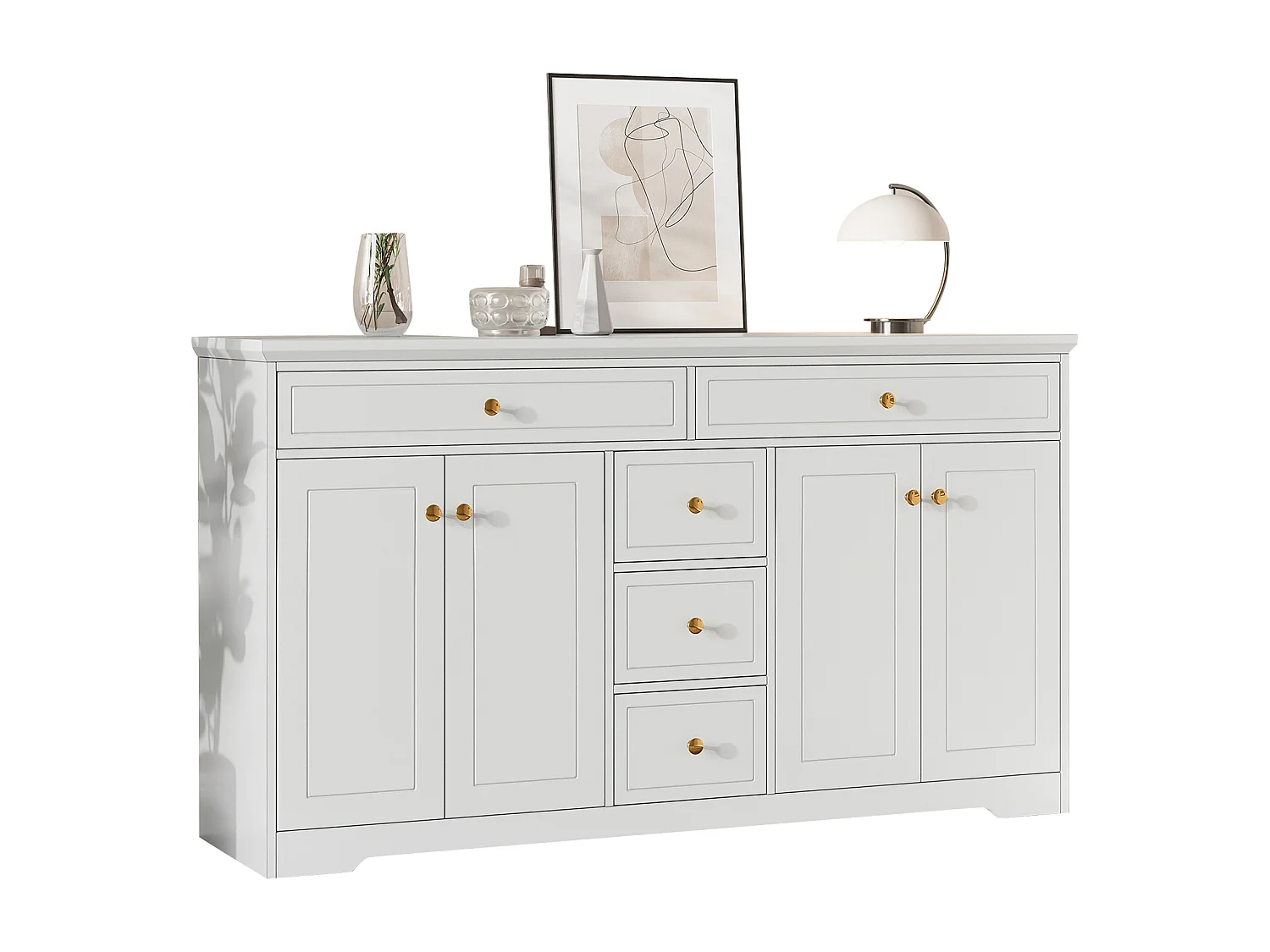 Buffet moderne - 150 x 40 x 85 cm - avec 5 tiroirs + étagères réglables + 4 portes - MDF - blanc