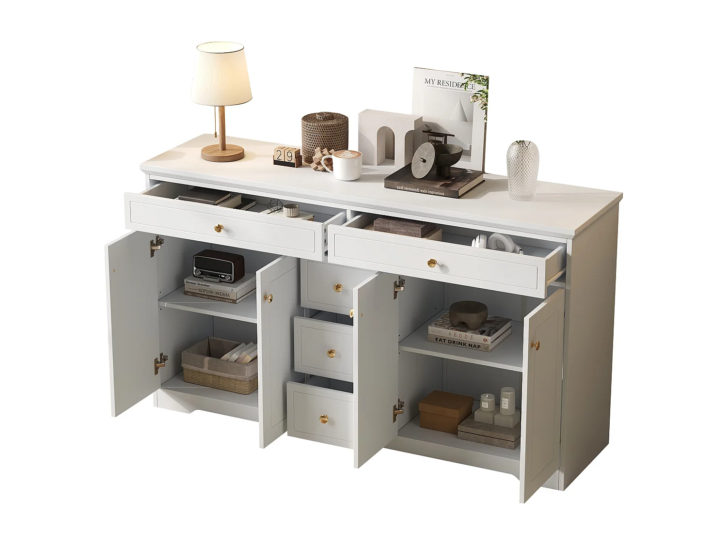 Buffet moderne - 150 x 40 x 85 cm - avec 5 tiroirs + étagères réglables + 4 portes - MDF - blanc