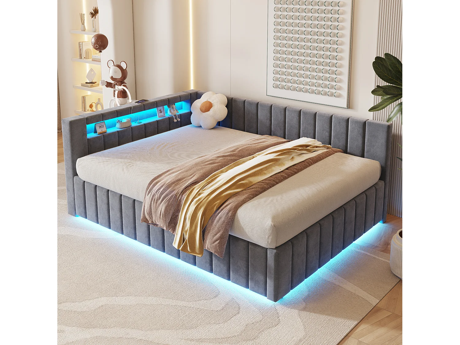 Canapé-lit rembourré - 140 x 200 cm - avec coffre hydraulique + Leds + dossier + tête de lit - velours - gris