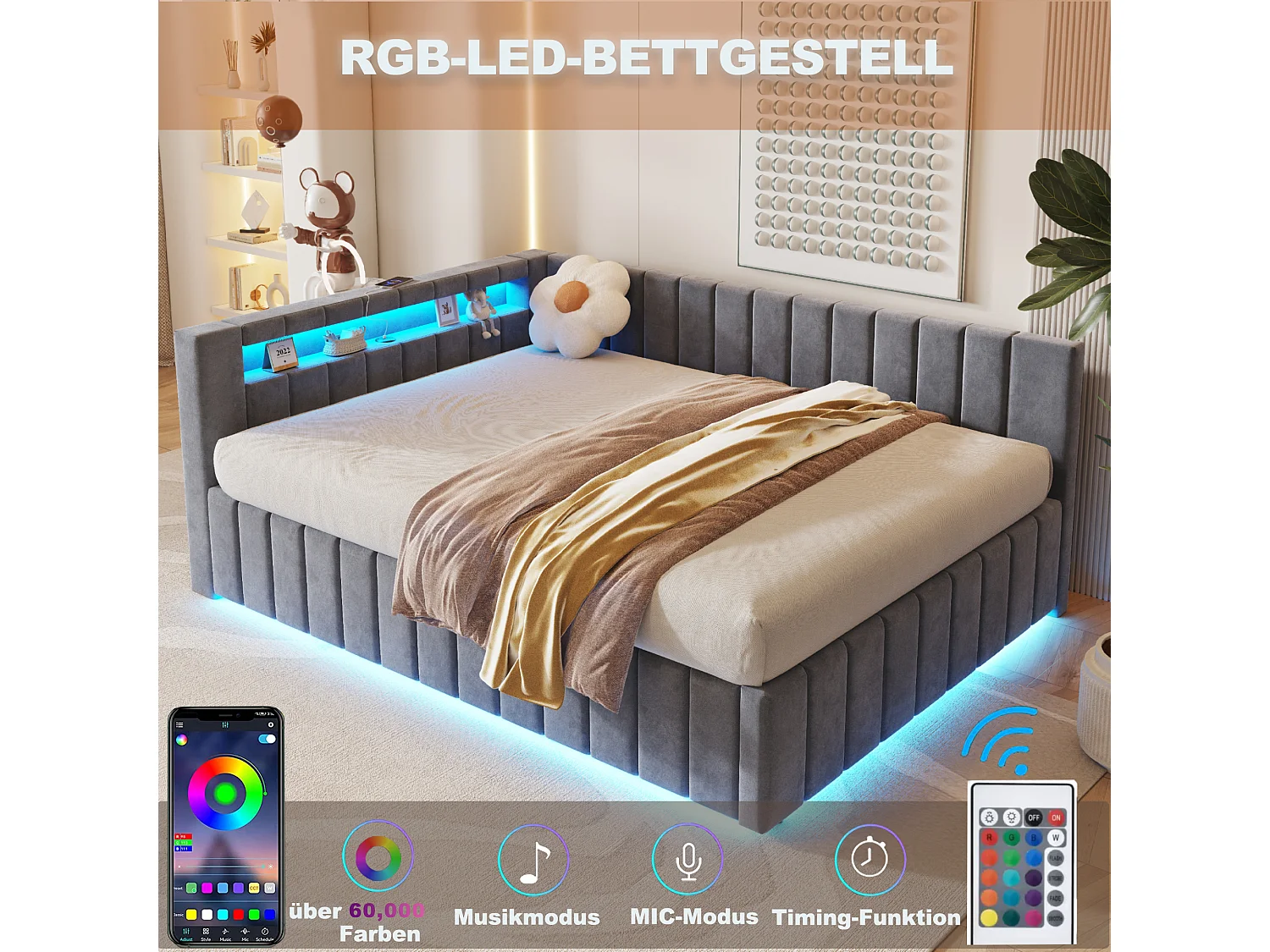 Canapé-lit rembourré - 140 x 200 cm - avec coffre hydraulique + Leds + dossier + tête de lit - velours - gris