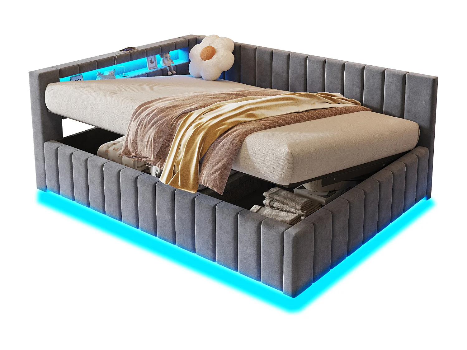 Canapé-lit rembourré - 140 x 200 cm - avec coffre hydraulique + Leds + dossier + tête de lit - velours - gris