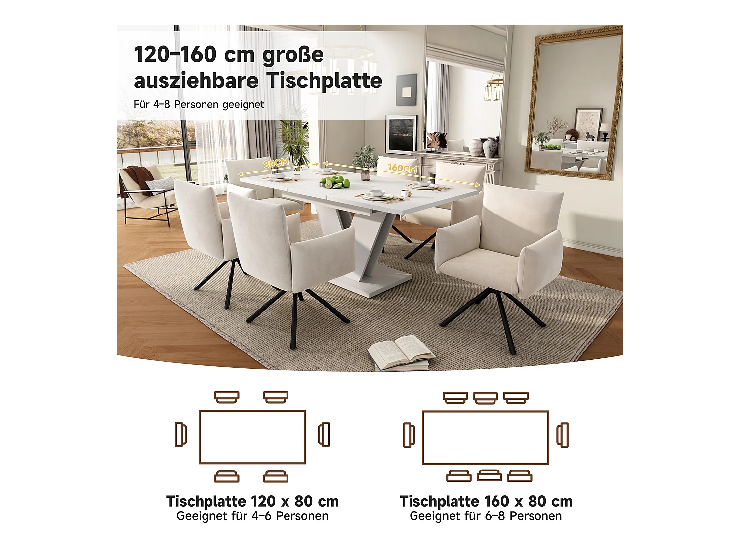 Table à manger extensible - 120/160 x 80 x 75 cm - pour 4-6 personnes - pieds en V - MDF - blanc