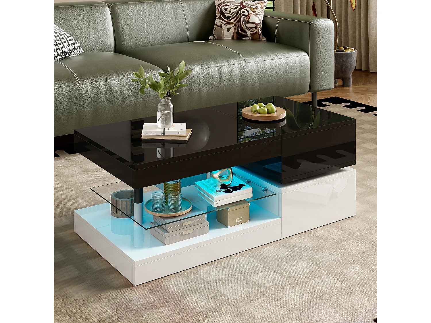 Table basse brillante - 90 x 45 x 35.5 cm - avec Leds + étagère en verre - aggloméré - noir + blanc