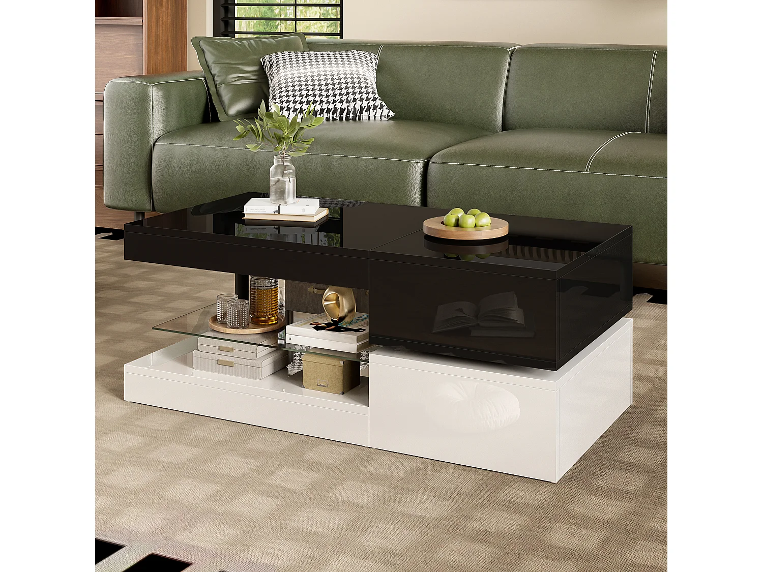 Couchtisch glänzend - 90 x 45 x 35,5 cm - mit LEDs + Glasablage - Spanplatte - Schwarz + Weiß