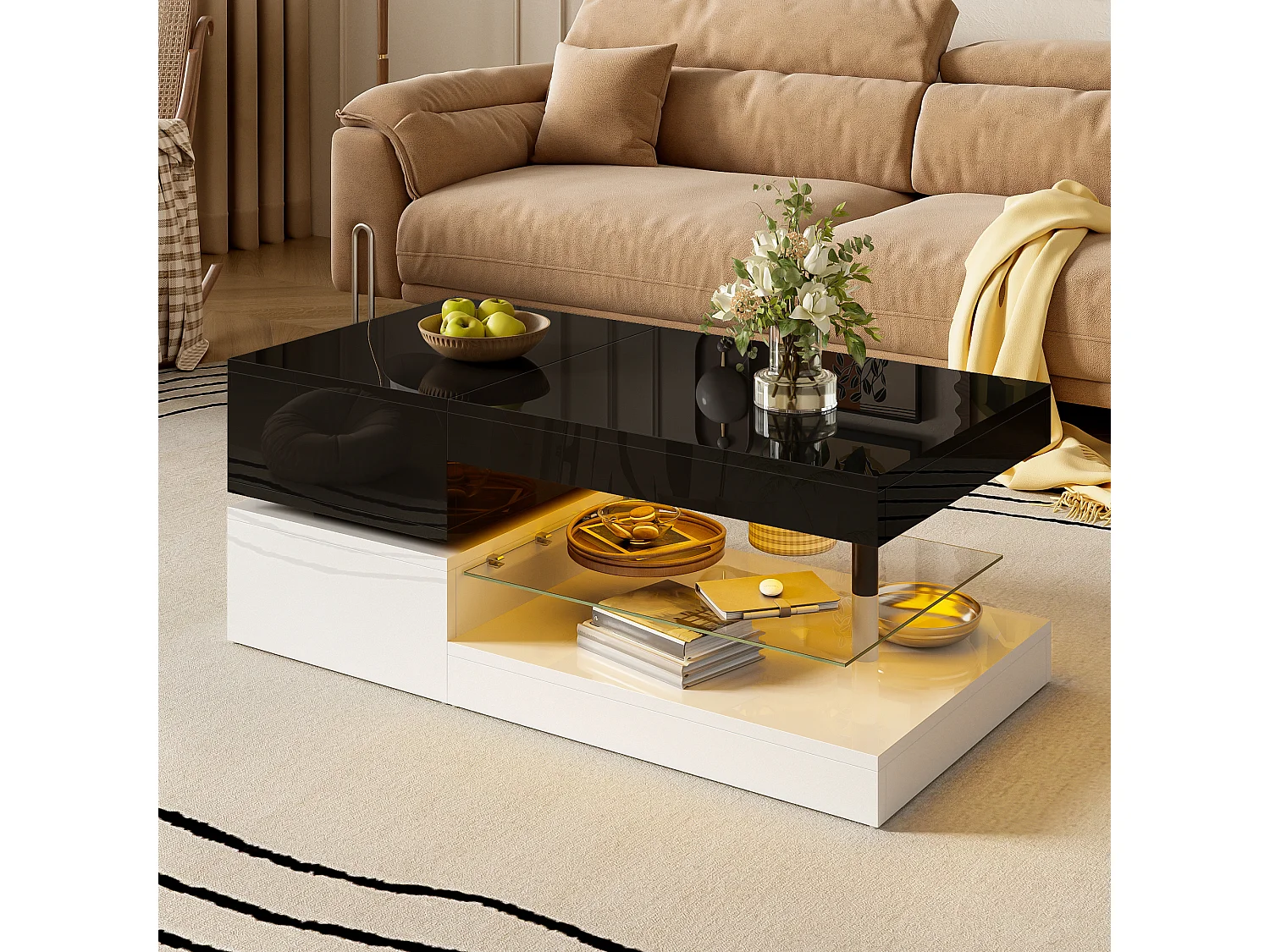 Table basse brillante - 90 x 45 x 35.5 cm - avec Leds + étagère en verre - aggloméré - noir + blanc