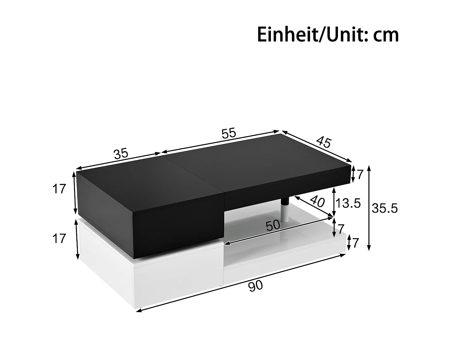Table basse brillante - 90 x 45 x 35.5 cm - avec Leds + étagère en verre - aggloméré - noir + blanc