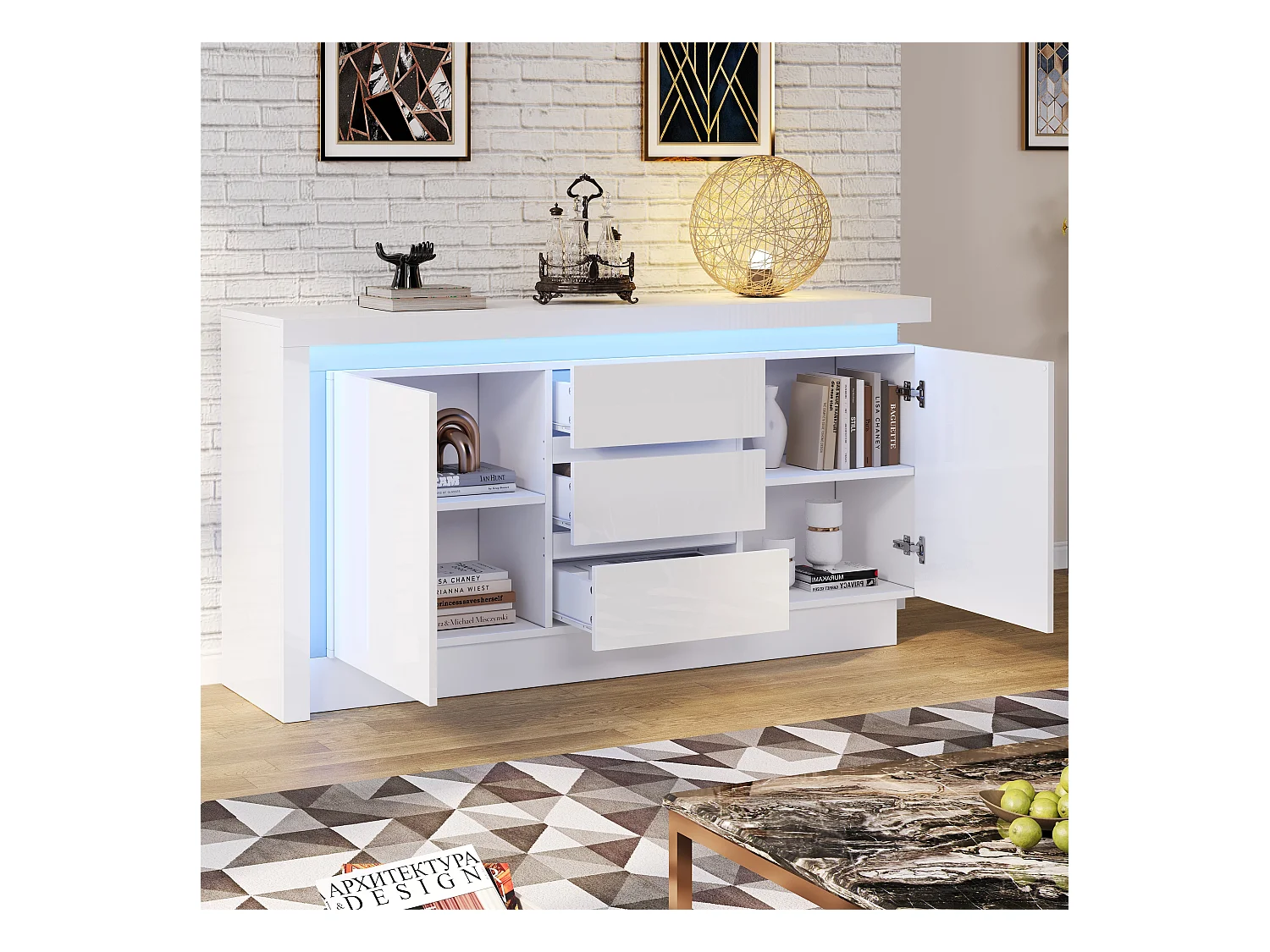 Buffet brillant - 140 x 35 x 72 cm - avec 3 tiroirs + 2 portes + Leds + étagères réglables - aggloméré - blanc