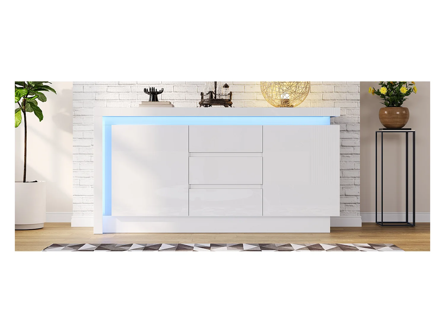 Buffet brillant - 140 x 35 x 72 cm - avec 3 tiroirs + 2 portes + Leds + étagères réglables - aggloméré - blanc