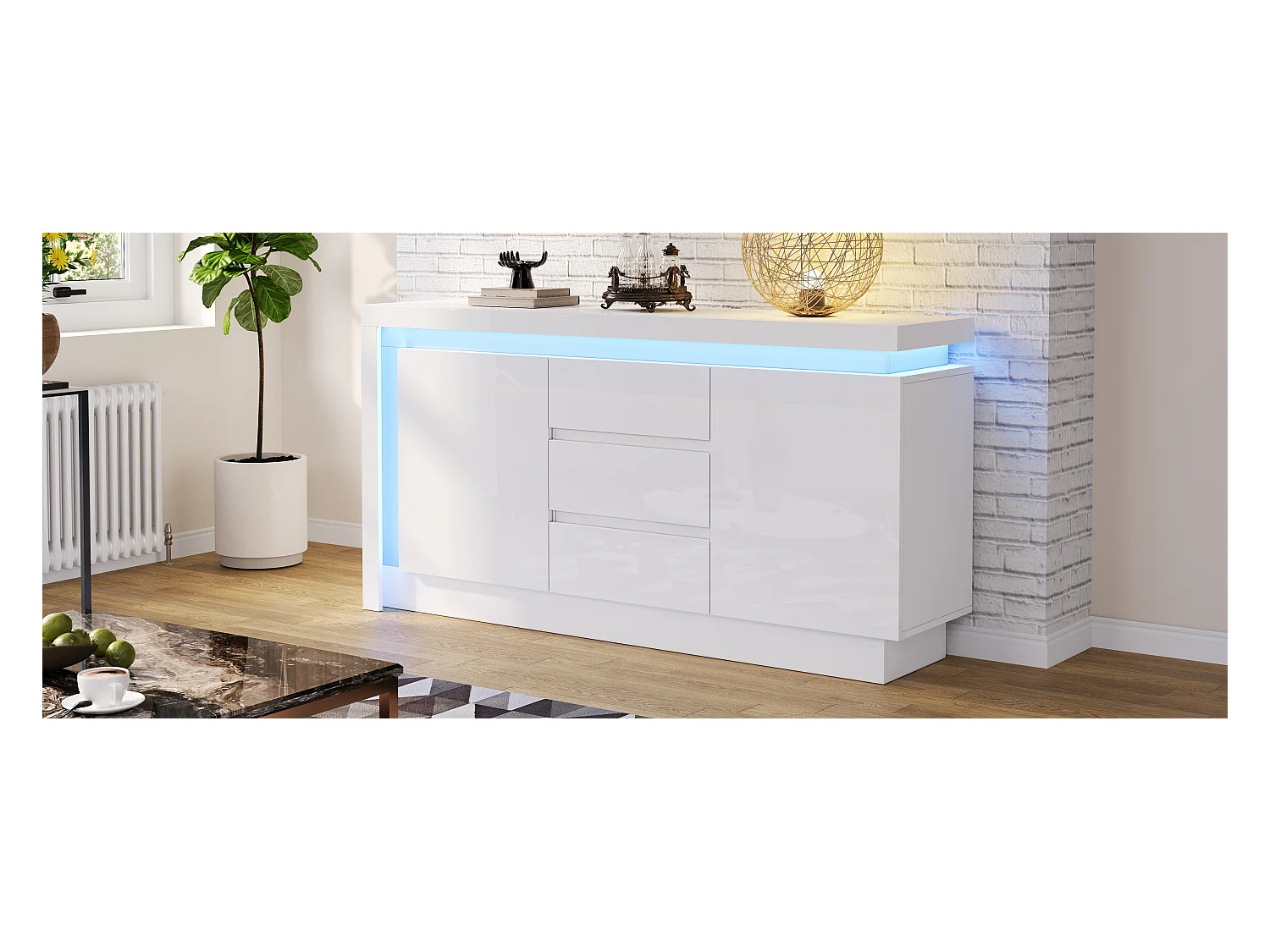 Buffet brillant - 140 x 35 x 72 cm - avec 3 tiroirs + 2 portes + Leds + étagères réglables - aggloméré - blanc