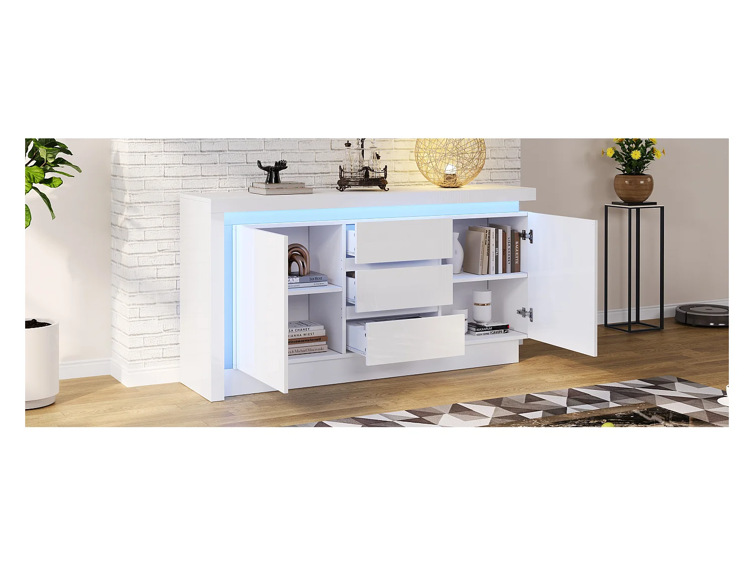 Buffet brillant - 140 x 35 x 72 cm - avec 3 tiroirs + 2 portes + Leds + étagères réglables - aggloméré - blanc