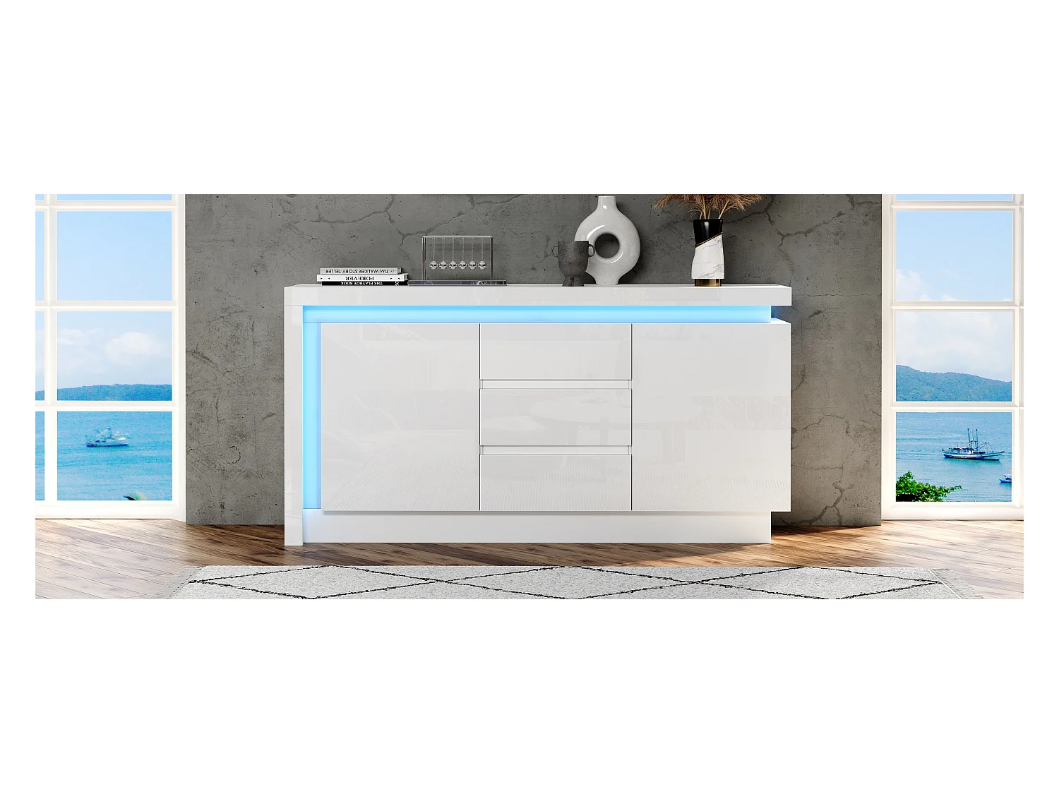 Buffet brillant - 140 x 35 x 72 cm - avec 3 tiroirs + 2 portes + Leds + étagères réglables - aggloméré - blanc