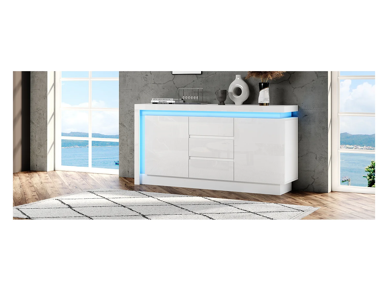 Buffet brillant - 140 x 35 x 72 cm - avec 3 tiroirs + 2 portes + Leds + étagères réglables - aggloméré - blanc