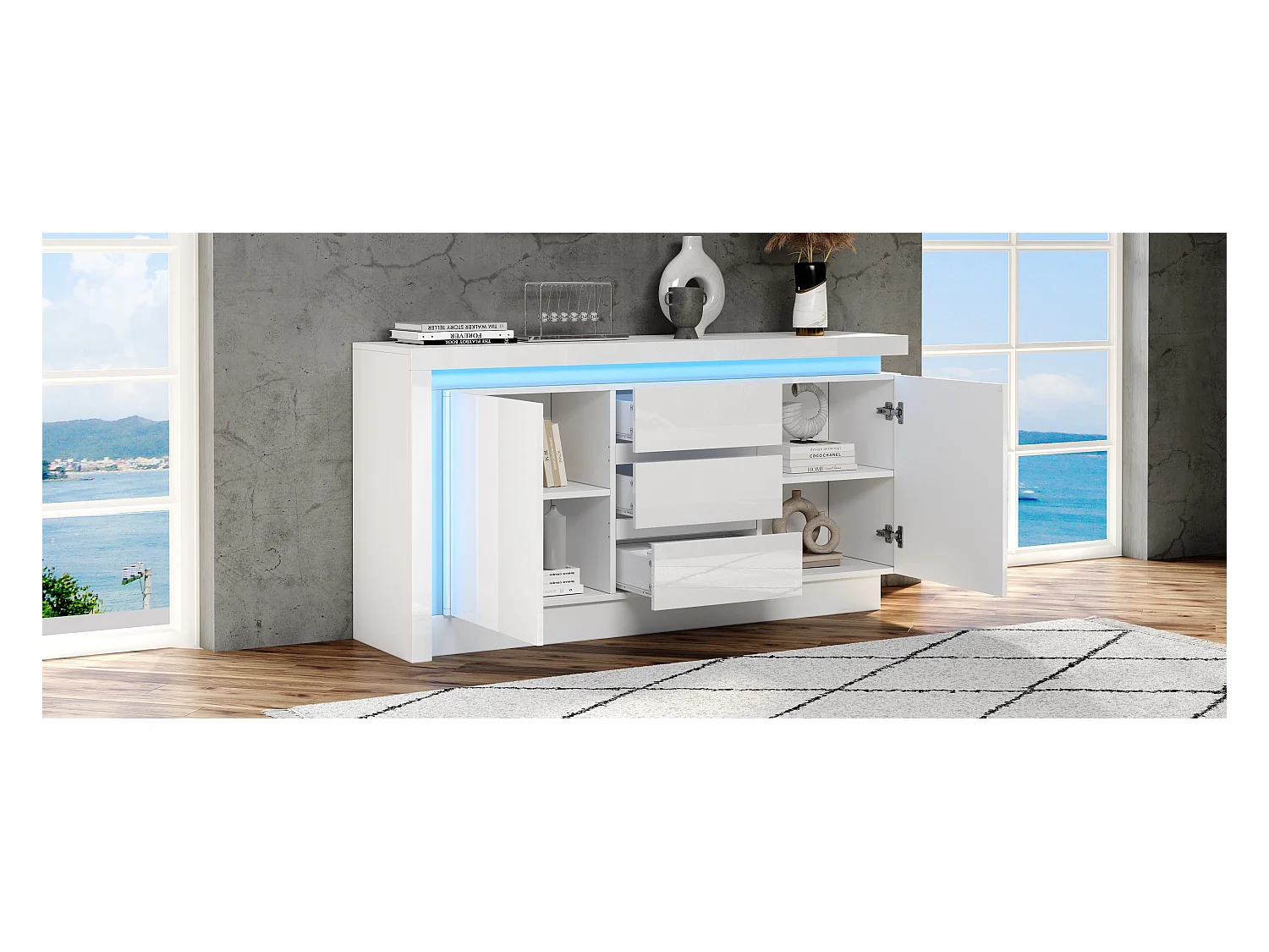Buffet brillant - 140 x 35 x 72 cm - avec 3 tiroirs + 2 portes + Leds + étagères réglables - aggloméré - blanc