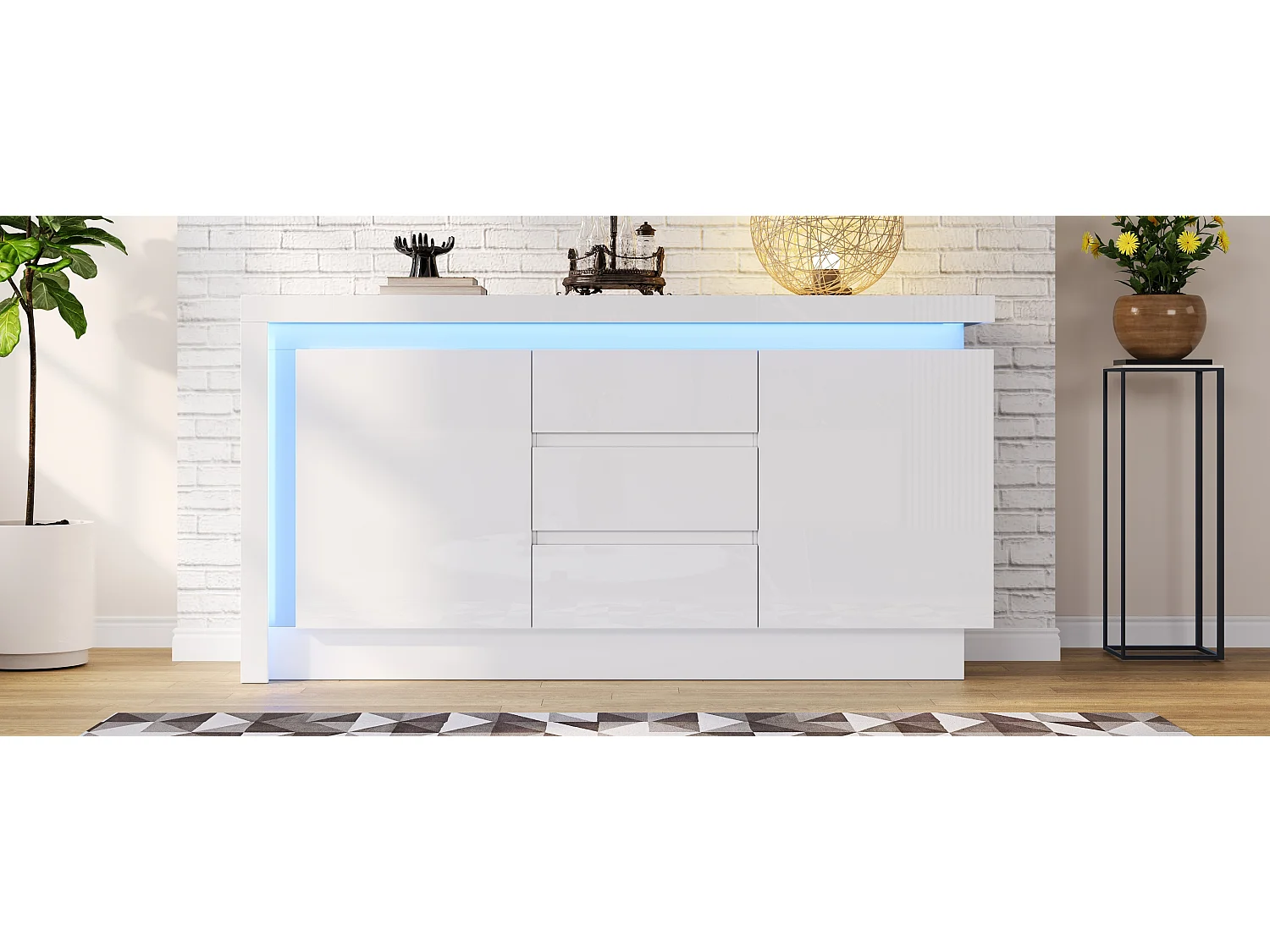 Credenza lucida - 140 x 35 x 72 cm - con 3 cassetti + 2 ante + LED + ripiani regolabili - truciolato - bianco
