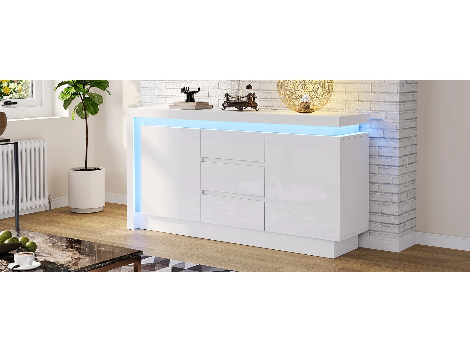 Credenza lucida - 140 x 35 x 72 cm - con 3 cassetti + 2 ante + LED + ripiani regolabili - truciolato - bianco