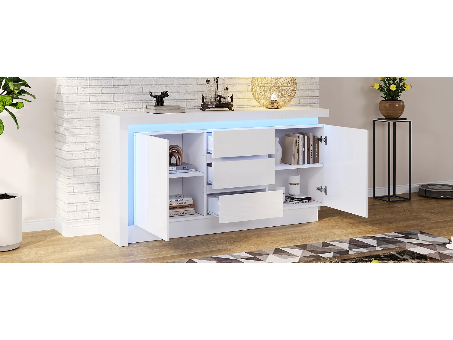 Credenza lucida - 140 x 35 x 72 cm - con 3 cassetti + 2 ante + LED + ripiani regolabili - truciolato - bianco