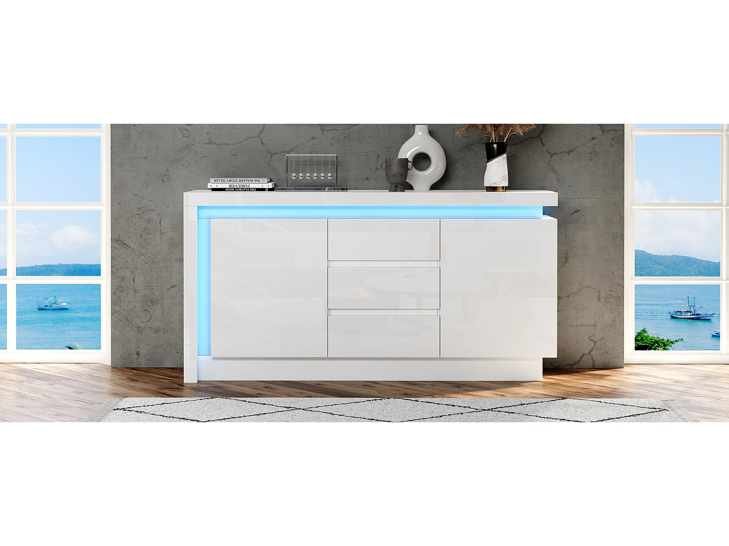 Credenza lucida - 140 x 35 x 72 cm - con 3 cassetti + 2 ante + LED + ripiani regolabili - truciolato - bianco