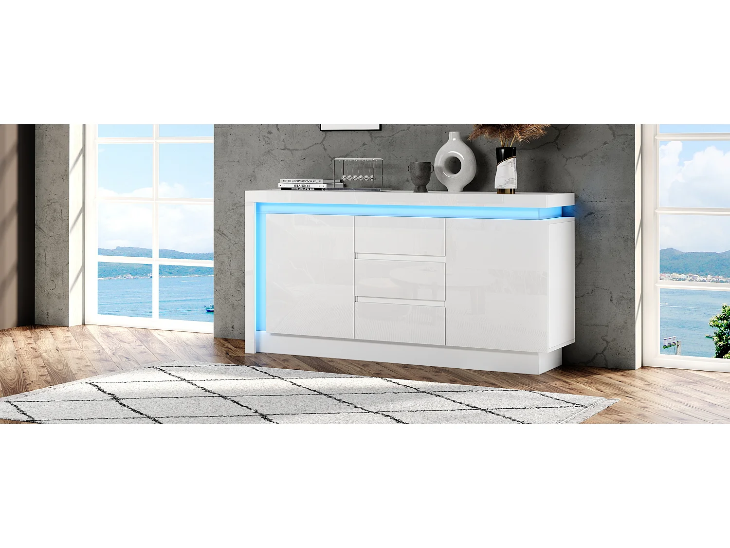 Credenza lucida - 140 x 35 x 72 cm - con 3 cassetti + 2 ante + LED + ripiani regolabili - truciolato - bianco