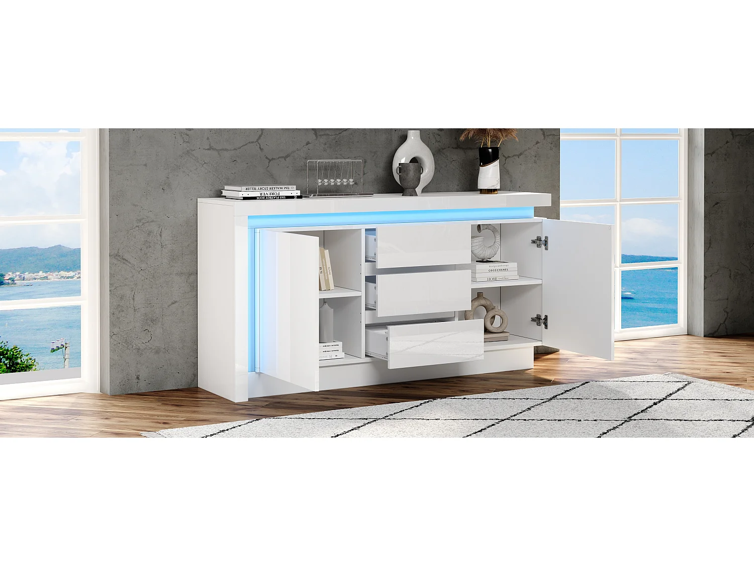Credenza lucida - 140 x 35 x 72 cm - con 3 cassetti + 2 ante + LED + ripiani regolabili - truciolato - bianco