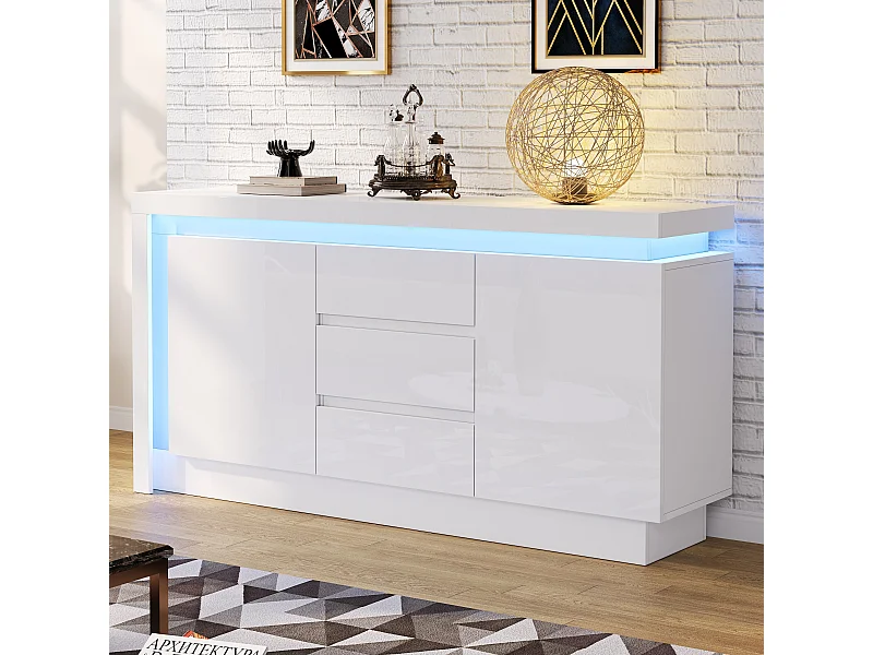 Credenza lucida - 140 x 35 x 72 cm - con 3 cassetti + 2 ante + LED + ripiani regolabili - truciolato - bianco