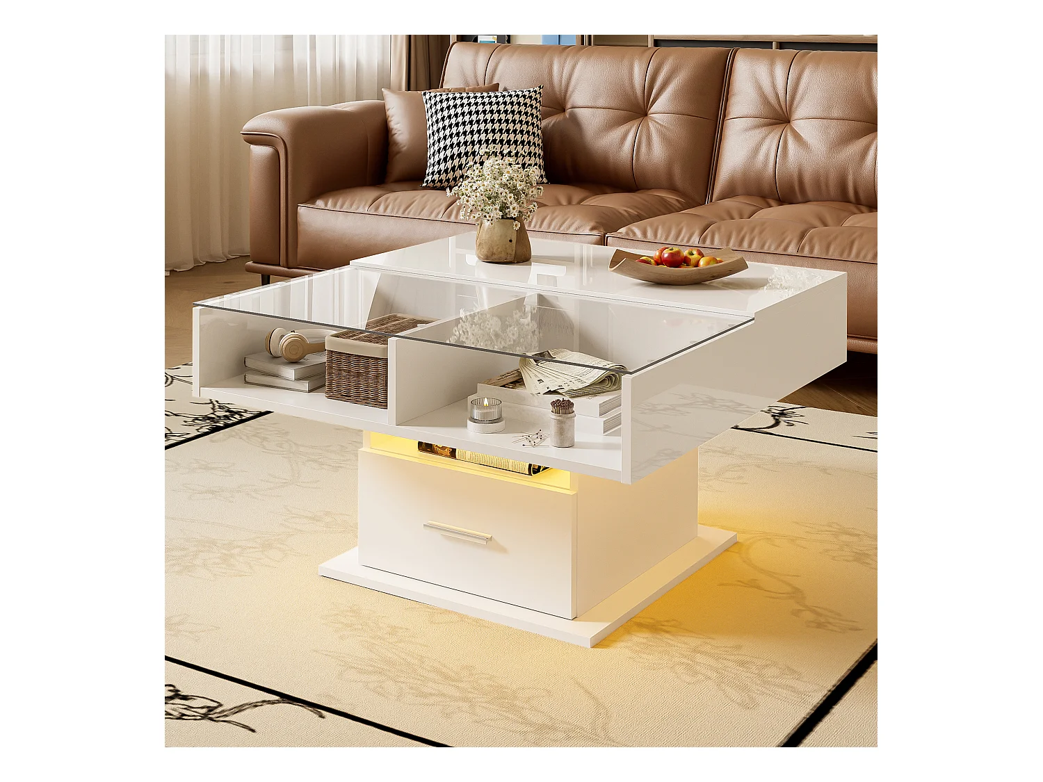 Table basse relevable - 78 x 78 x 45/59 cm - haute brillance avec Leds + 1 tiroir - aggloméré - blanc