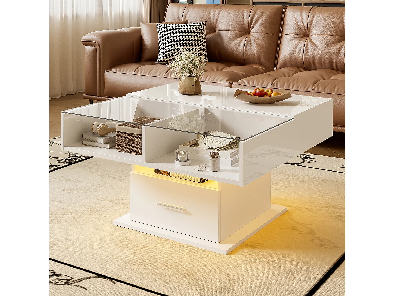Table basse relevable - 78 x 78 x 45/59 cm - haute brillance avec Leds + 1 tiroir - aggloméré - blanc