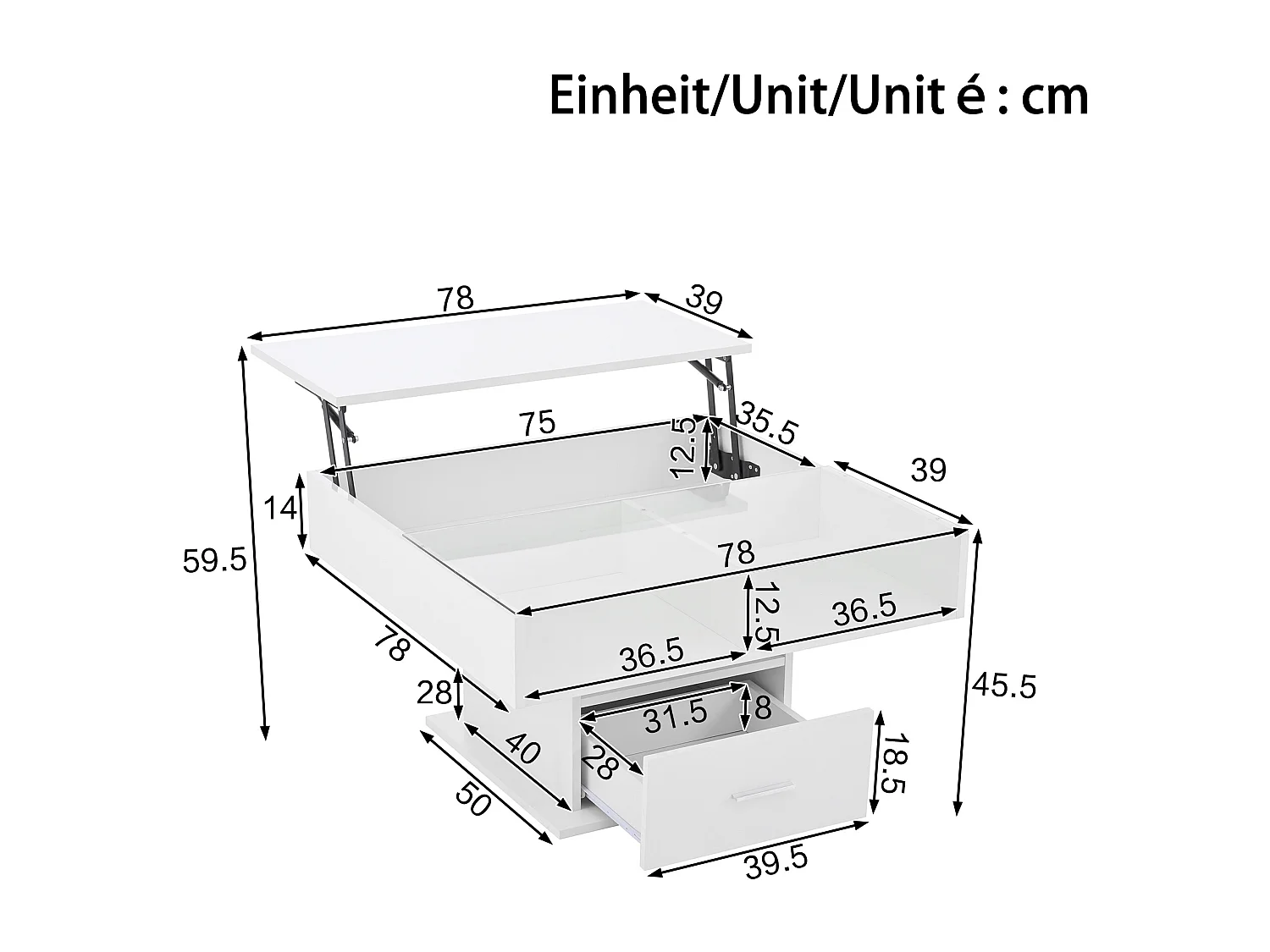 Table basse relevable - 78 x 78 x 45/59 cm - haute brillance avec Leds + 1 tiroir - aggloméré - blanc
