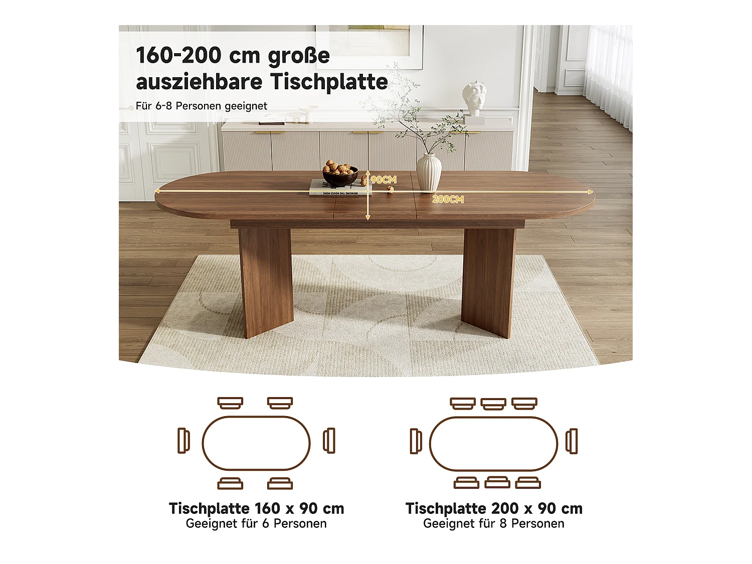 Table à manger extensible - 160/200 x 90 x 75 cm - pour 4 à 6 personnes - style simple - MDF - marron