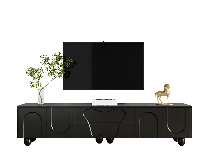 Meuble TV avec pieds en bois - 180 x 40 x 42 cm - avec 2 tiroirs + 4 portes - aggloméré - noir