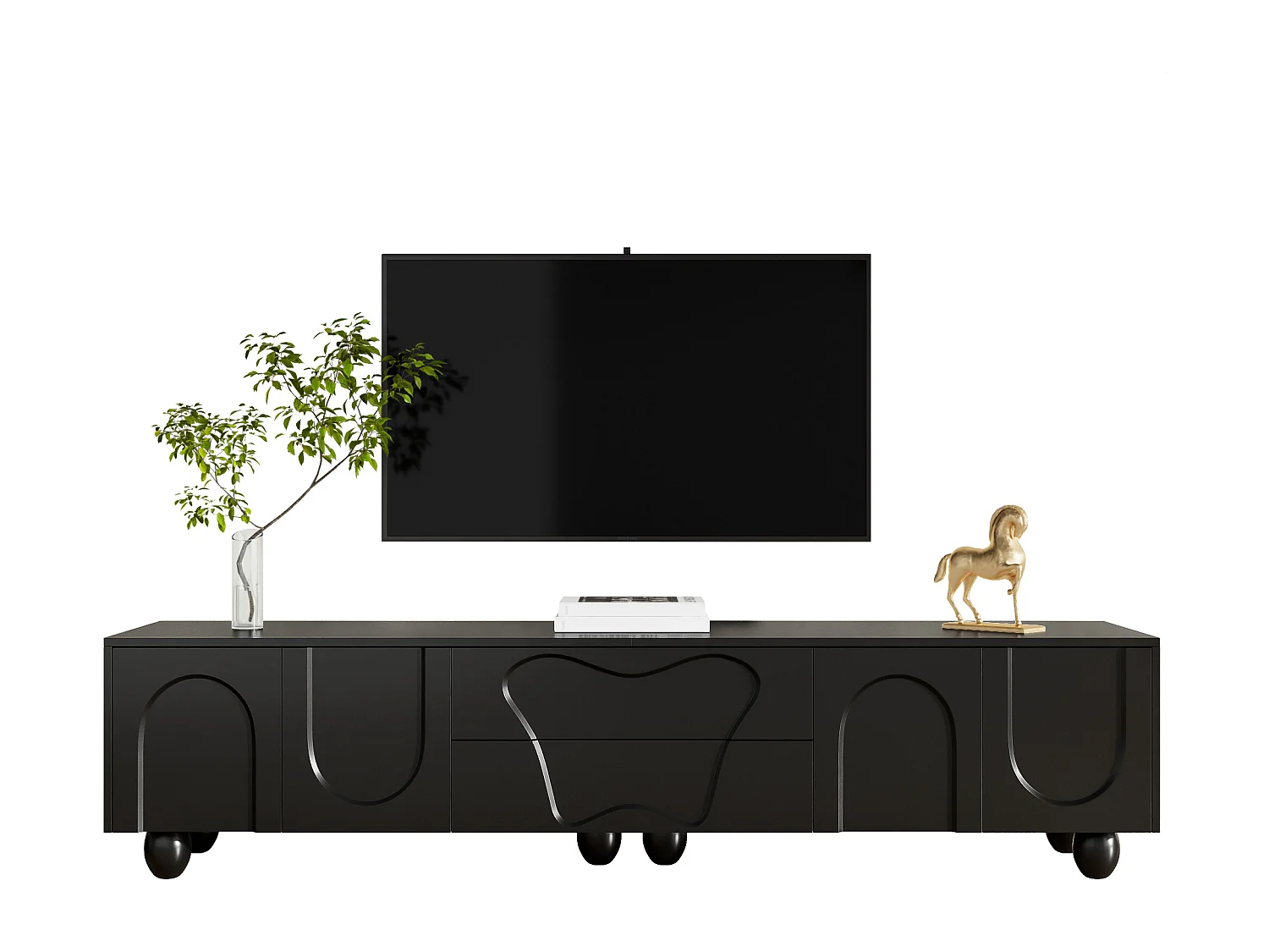 Meuble TV avec pieds en bois - 180 x 40 x 42 cm - avec 2 tiroirs + 4 portes - aggloméré - noir