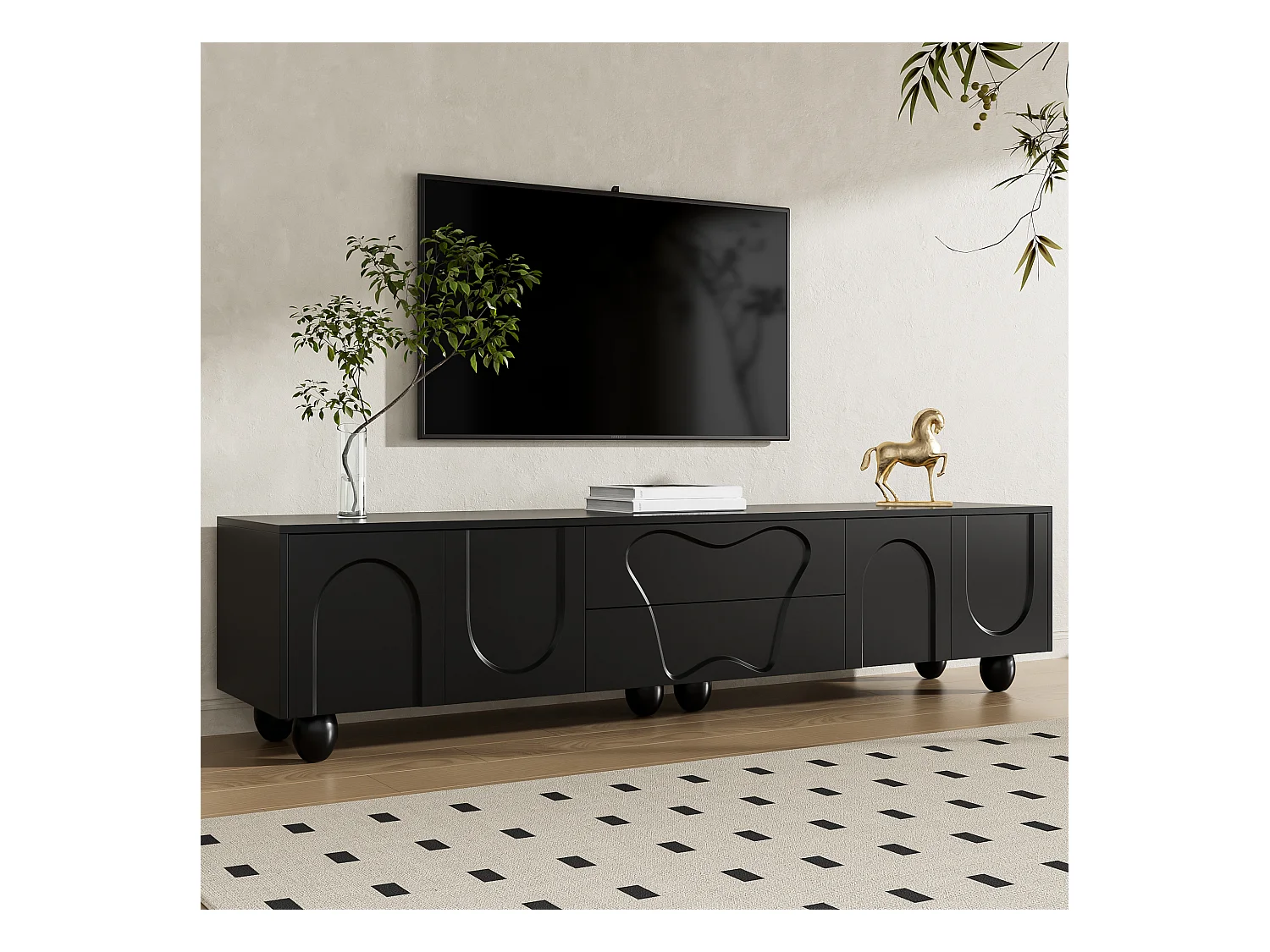 Meuble TV avec pieds en bois - 180 x 40 x 42 cm - avec 2 tiroirs + 4 portes - aggloméré - noir
