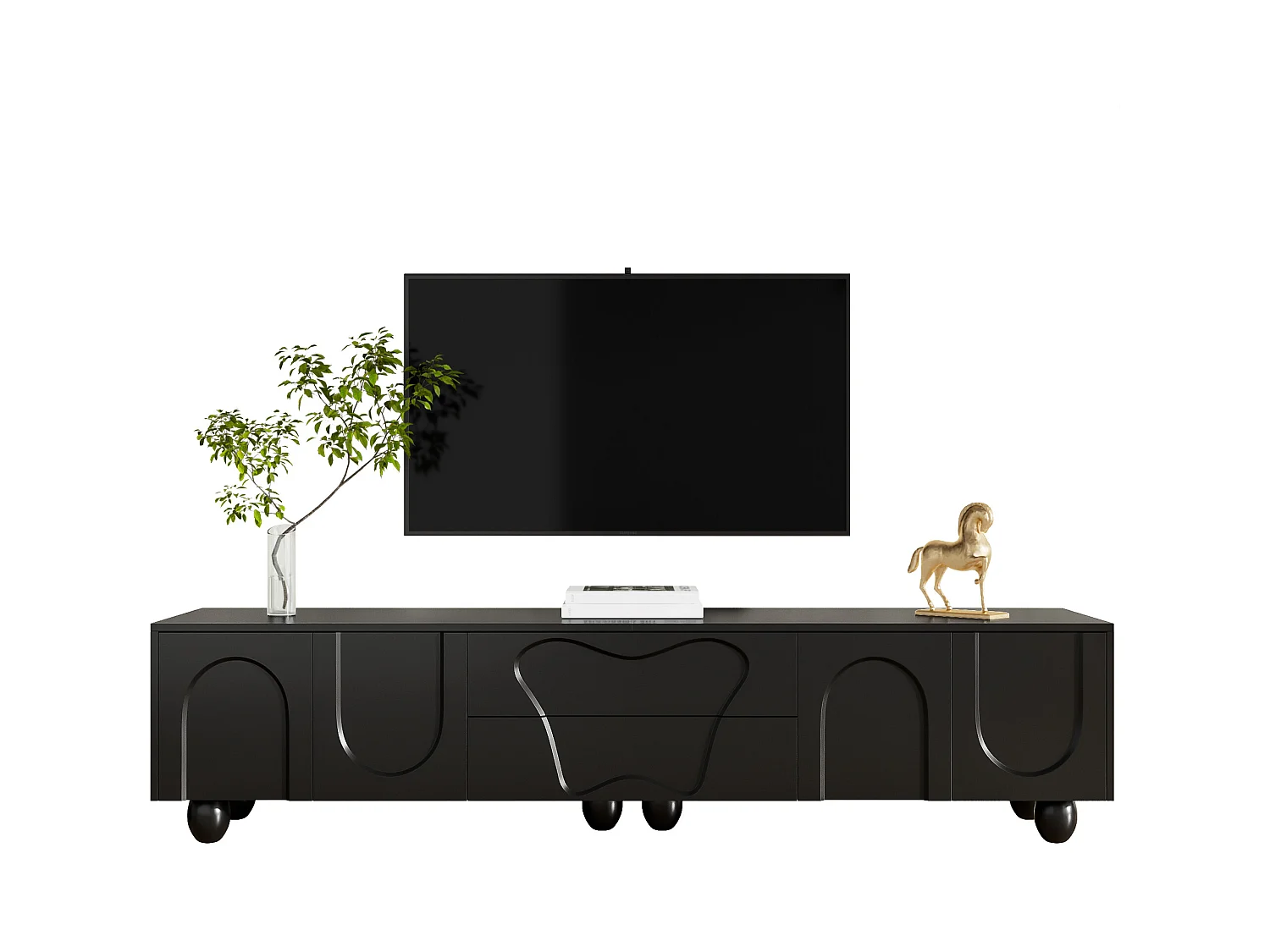 TV-Schrank mit Holzbeinen - 180 x 40 x 42 cm - mit 2 Schubladen + 4 Türen - Spanplatte - Schwarz