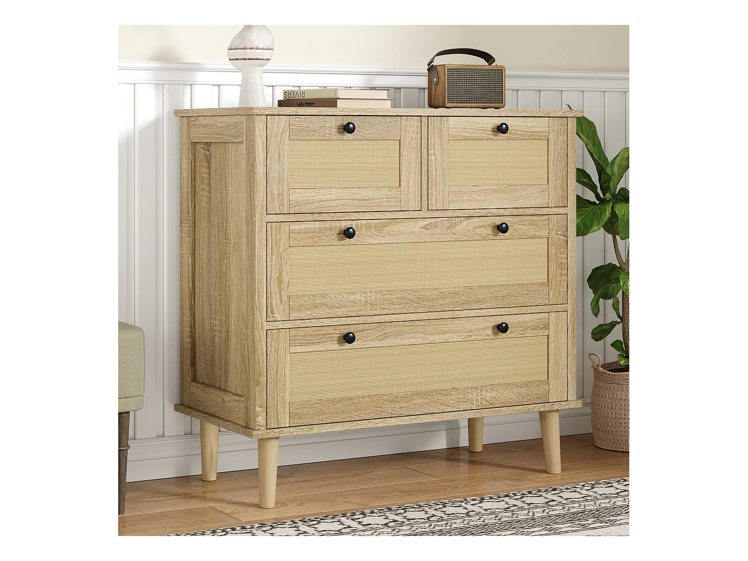 Commode à 4 tiroirs - 80 x 40 x 80 cm - tiroirs en rotin - meuble de rangement - aggloméré - naturel