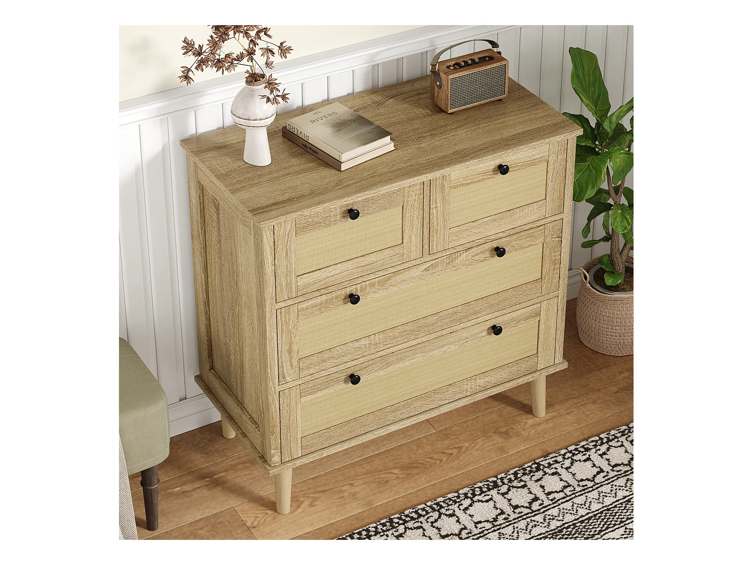 Commode à 4 tiroirs - 80 x 40 x 80 cm - tiroirs en rotin - meuble de rangement - aggloméré - naturel