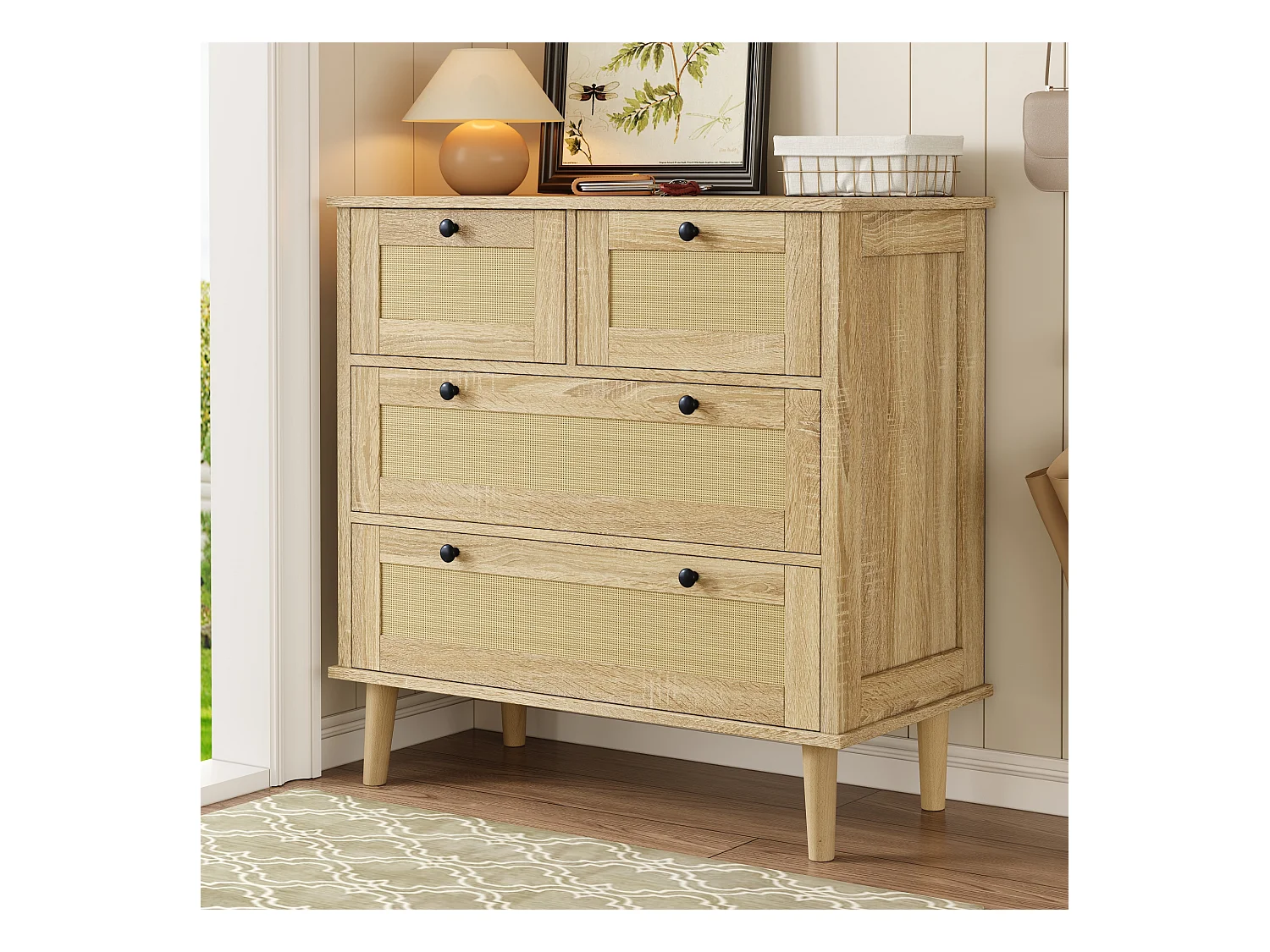 Commode à 4 tiroirs - 80 x 40 x 80 cm - tiroirs en rotin - meuble de rangement - aggloméré - naturel